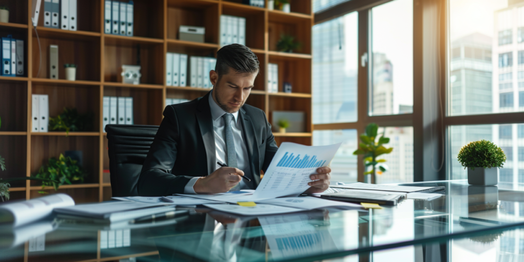 Value investing - a professional investor analyzing financial reports at a modern office desk. The investor, a man in a suit, is focused on his work, with a serenity expression. He has several financial documents on the desk, including charts, graphs, and balance sheets. In the background, there are shelves filled with financial books, The office setting is sophisticated, with a large window offering a view of a cityscape, symbolizing the financial markets. The overall mood of the image should be analytical and professional, reflecting the principles of value investing.